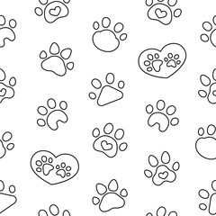 Dog or cat paw print. Seamless pattern. Coloring Page. Animal footprints. Hand drawn style. Vector drawing. Design ornaments.