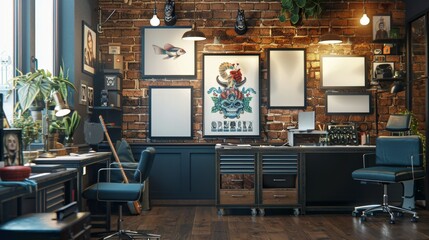 Vibrant Tattoo Parlor Artistic Workspace Business Cards and Portfolio Display