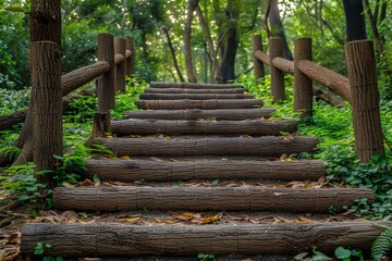 Wooden stairs ascending hill forest