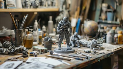 Artisan's Haven Custom Action Figure Workshop with Sculpting Tools Paints and Detailed Figurines Creative Business Card Design