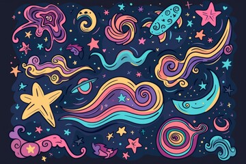 Fototapeta premium Cartoon cute doodles of a cosmic galaxy with swirling stars and celestial patterns, Generative AI