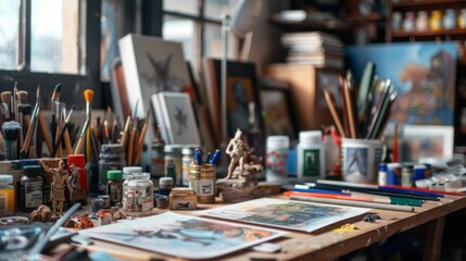 Artisan's Haven Custom Action Figure Workshop with Sculpting Tools Paints and Detailed Figurines Creative Business Card Design