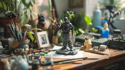 Artisan's Haven Custom Action Figure Workshop with Sculpting Tools Paints and Detailed Figurines Creative Business Card Design