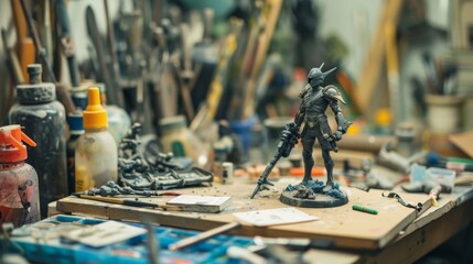 Artisan's Haven Custom Action Figure Workshop with Sculpting Tools Paints and Detailed Figurines Creative Business Card Design