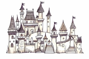 Obraz premium Cartoon cute doodles of a fantasy castle with intricate turrets and winding staircases, Generative AI