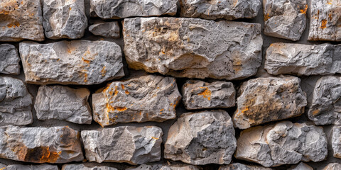 Fototapeta premium Textured stone wall with rough, weathered rocks, showcasing a rugged and natural appearance, perfect for backgrounds, architectural designs, and outdoor scenes..