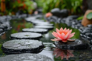 Pink flower on black rock