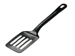 A black plastic slotted spatula isolated on a white background, perfect for flipping pancakes, turning burgers, or serving food in the kitchen.