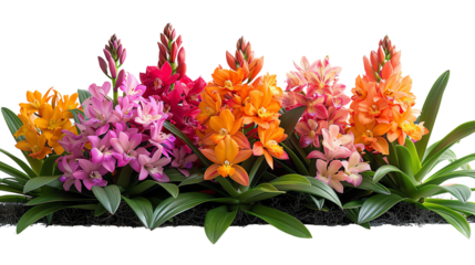 A variety of beautiful orchids in a row against a black back ground.