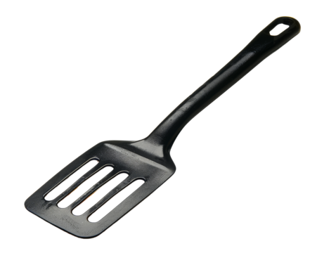 A black plastic slotted spatula isolated on a white background, perfect for flipping pancakes, turning burgers, or serving food in the kitchen.