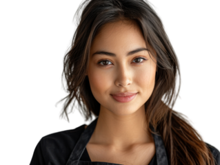 Confident young woman in apron posing against white background. Professional, cheerful, and ready for work.