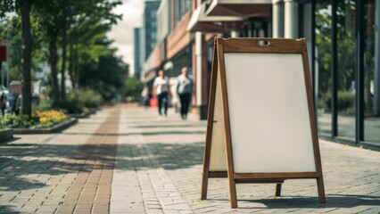 Empty Wooden A-Frame Sidewalk Signboard on Sunny Urban Street