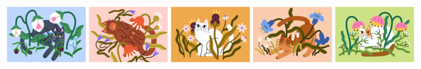 Cute cats in flowers, card designs set. Funny kitties in summer garden blossoms. Feline animals among floral plants, spring blooms. Kitten pets relaxing in meadow wildflowers. Flat vector illustration © Good Studio