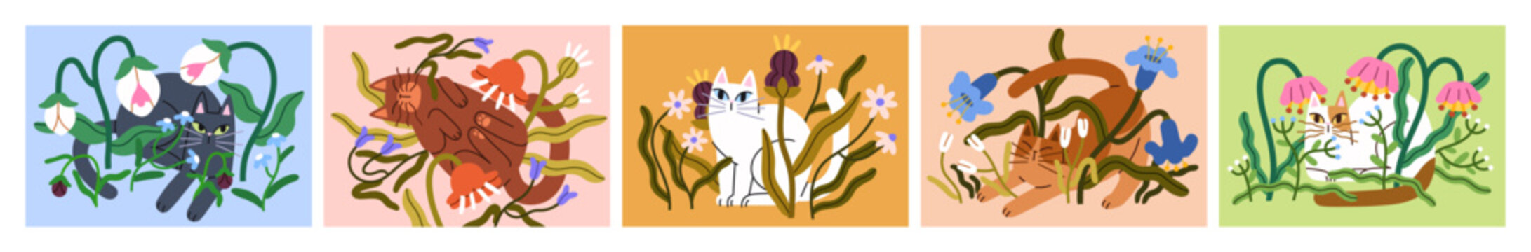 Cute cats in flowers, card designs set. Funny kitties in summer garden blossoms. Feline animals among floral plants, spring blooms. Kitten pets relaxing in meadow wildflowers. Flat vector illustration