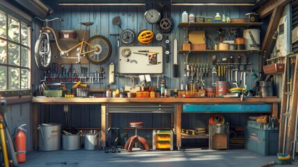 Fototapeta premium Custom Bike Builder's Haven Vibrant Workshop with Blank Business Cards Colorful Paints and Mechanics Toolset Craft Your Dream Ride Today