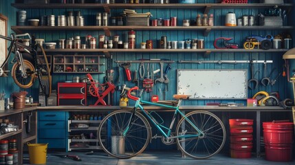 Naklejka premium Custom Bike Builder's Haven Vibrant Workshop with Blank Business Cards Colorful Paints and Mechanics Toolset Craft Your Dream Ride Today