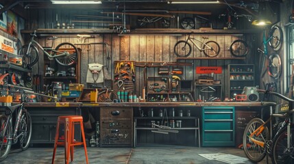 Custom Bike Builder's Haven Vibrant Workshop with Blank Business Cards Colorful Paints and Mechanics Toolset Craft Your Dream Ride Today