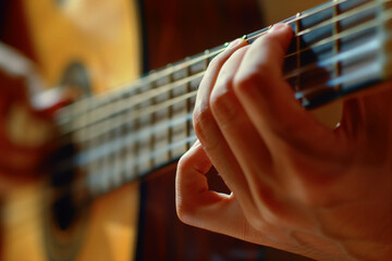 Fototapeta premium Intimate Close-Up of Fingers Strumming Acoustic Guitar Strings