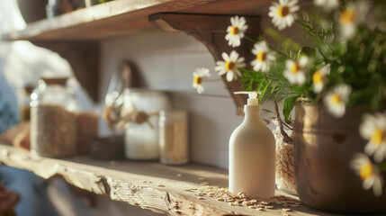 Fototapeta premium Natural hand soap bottle on a rustic wooden shelf with flowers