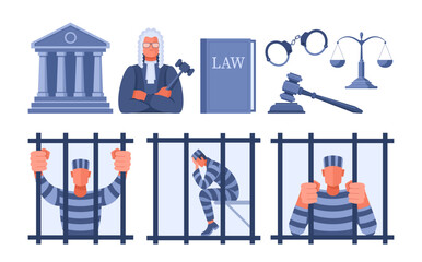 A set of illustrations about law and justice, court and arrest, judge and prisoner in prison. The concept of fighting crime, crime and punishment. Vector blue and gray color.