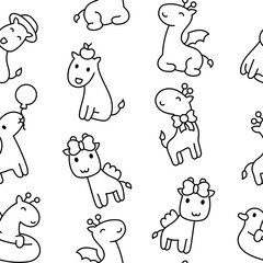 Cute kawaii happy giraffe. Seamless pattern. Coloring Page. Cartoon funny animals characters. Hand drawn style. Vector drawing. Design ornaments.
