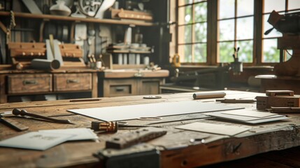 Artisanal Woodworking Custom Furniture Maker's Workshop with Handcrafted Tables Tools and Sketches Creative Workspace for Business Cards and Design Inspiration