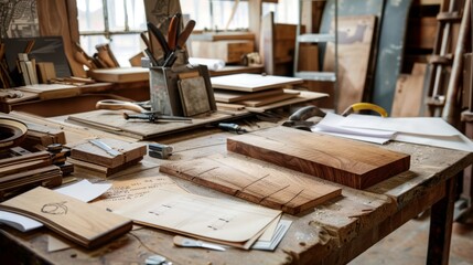 Artisanal Woodworking Custom Furniture Maker's Workshop with Handcrafted Tables Tools and Sketches Creative Workspace for Business Cards and Design Inspiration