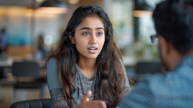 South Asian female designer talking with an Indian project manager, having a conversation while busy working on a corporate team project.