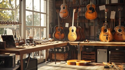 Obraz premium Artisanal Guitar Workshop Craftsmanship Creativity and Customization in a Rustic Setting