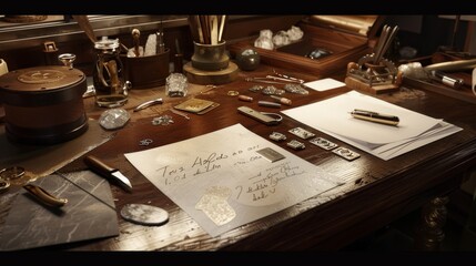 Exquisite Jewelers Workbench Crafting Custom Jewelry with Precious Stones Goldsmith Tools and Design Sketches Professional Custom Jewelry Making Concept with Business Cards