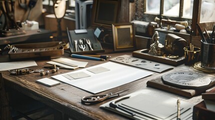 Exquisite Jewelers Workbench Crafting Custom Jewelry with Precious Stones Goldsmith Tools and Design Sketches Professional Custom Jewelry Making Concept with Business Cards