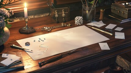 Exquisite Jewelers Workbench Crafting Custom Jewelry with Precious Stones Goldsmith Tools and Design Sketches Professional Custom Jewelry Making Concept with Business Cards