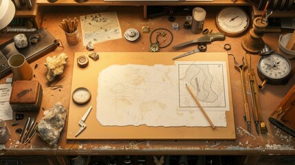 Exquisite Jewelers Workbench Crafting Custom Jewelry with Precious Stones Goldsmith Tools and Design Sketches Professional Custom Jewelry Making Concept with Business Cards