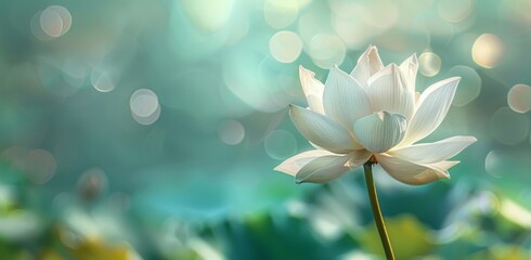 A blooming white lotus flower with petals and buds on the background.