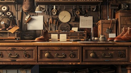 Artisan Craftsmanship Custom Cobbler's Bench with Leather Shoes Tools and Business Cards
