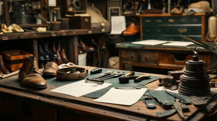 Artisan Craftsmanship Custom Cobbler's Bench with Leather Shoes Tools and Business Cards