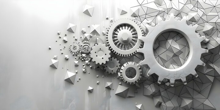 Gear wheel transforming into triangles on white background in 8K technology. Concept Technology, Transformation, Gear Wheel, Triangles, White Background