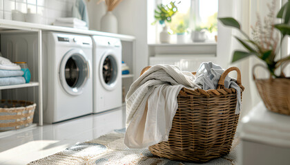 Basket with dirty clothes near washing machines in laundry room