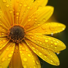 yellow flower with water droplets on its petals. The flower is likely a type of daisy.