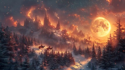 Fototapeta premium Santa Claus get a move to ride on their reindeer. Magic Santa's sleigh flying over Christmas fairy forest on the background of huge moon.