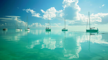 Obraz premium Sailboats anchored in calm, turquoise waters under a clear sky with fluffy clouds, creating a serene and picturesque seascape. Sailboats Anchored in Tranquil Turquoise Waters