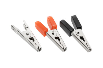 Silver colored alligator clamp with red and black insulator. Isolated on white.	
