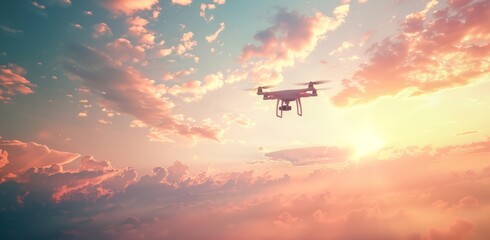 A drone flying through the sky, with clouds in soft pastel colors, creating an atmosphere of freedom and adventure.