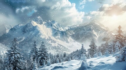 Majestic snowy mountain landscape. The mountain peak is capped with snow and there are snow-covered evergreen trees on the slopes. The sky is a clear blue with a few white clouds.