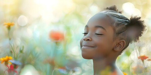 Fototapeta premium Happy African American girl in colorful field of flowers on sunny day. Concept Outdoor Photoshoot, Colorful Props, Joyful Portraits, Playful Poses