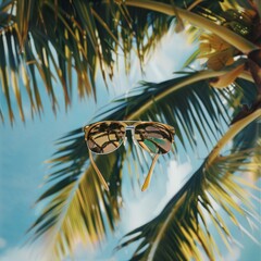 Air of sunglasses in mid-air next to a palm tree. The sunglasses are aviator style with a black frame and mirrored lenses. The palm tree has a tall brown trunk and green fronds. The sky is clear and b