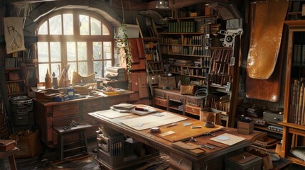 Obraz premium Artisan Leather Workshop Handcrafted Goods Tools and Business Cards for Custom Creations