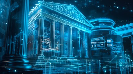 Obraz premium A futuristic bank building with holographic graphs and financial charts, representing the integration of blockchain technology in a modern colony era credit system.