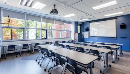 Interior of classroom with desks