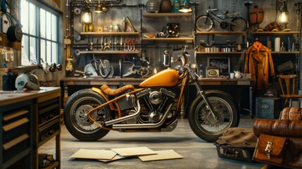 Fototapeta premium Custom Motorcycle Design Studio Blank Business Cards Engine Parts and Leather Seats